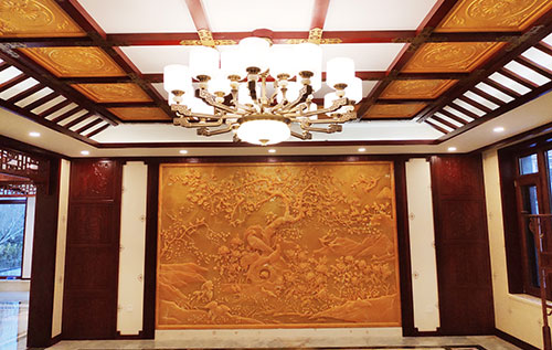 厦门中式别墅客厅中式木作横梁吊顶装饰展示